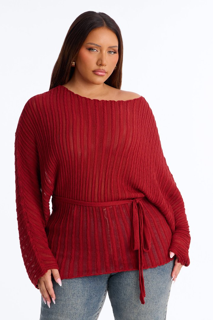 Silent Romance Tie Waist Pullover Sweater - Rust