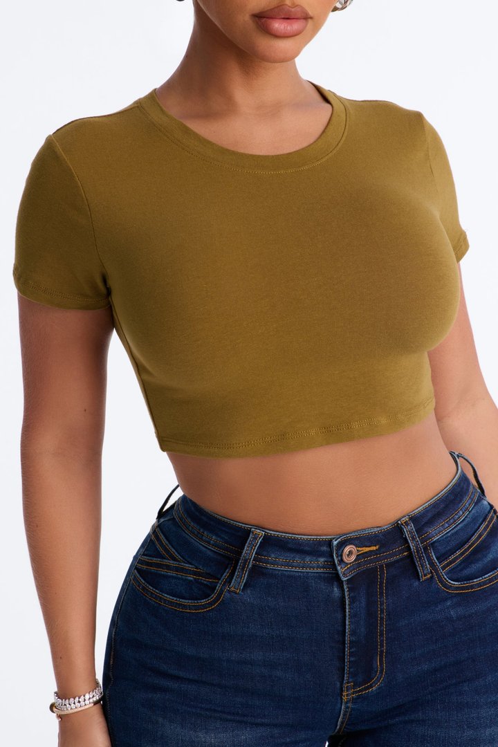 Janice Super Cropped Crew Neck Baby Tee - Olive