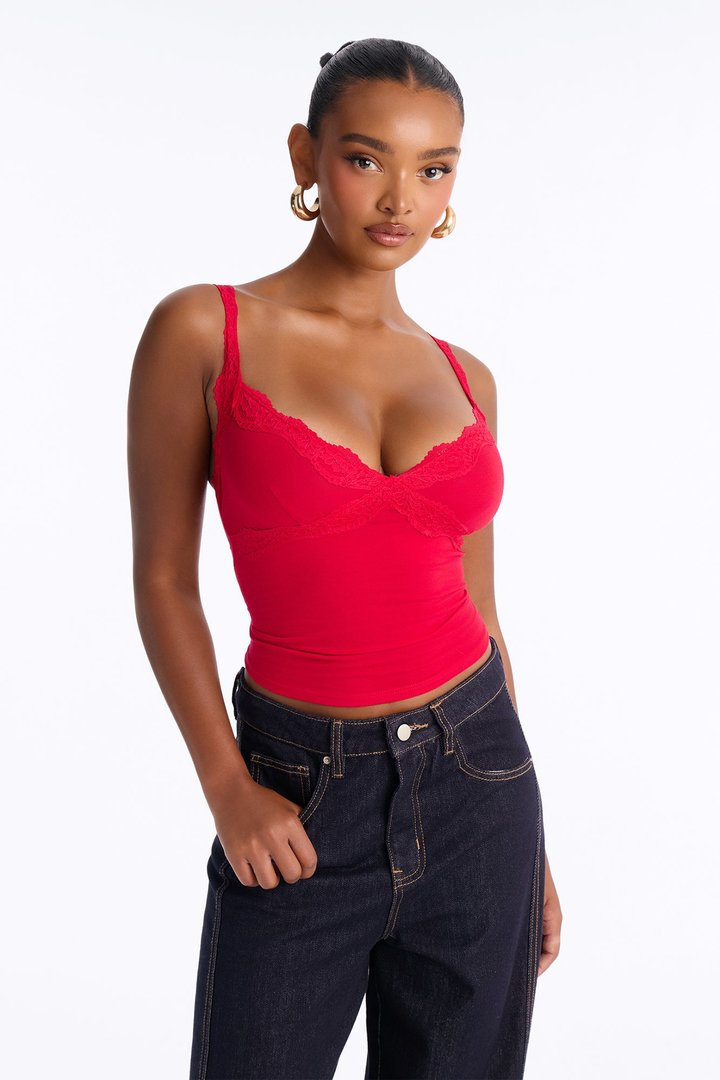 Lily Lace Trim V Neck Tank Top - Red