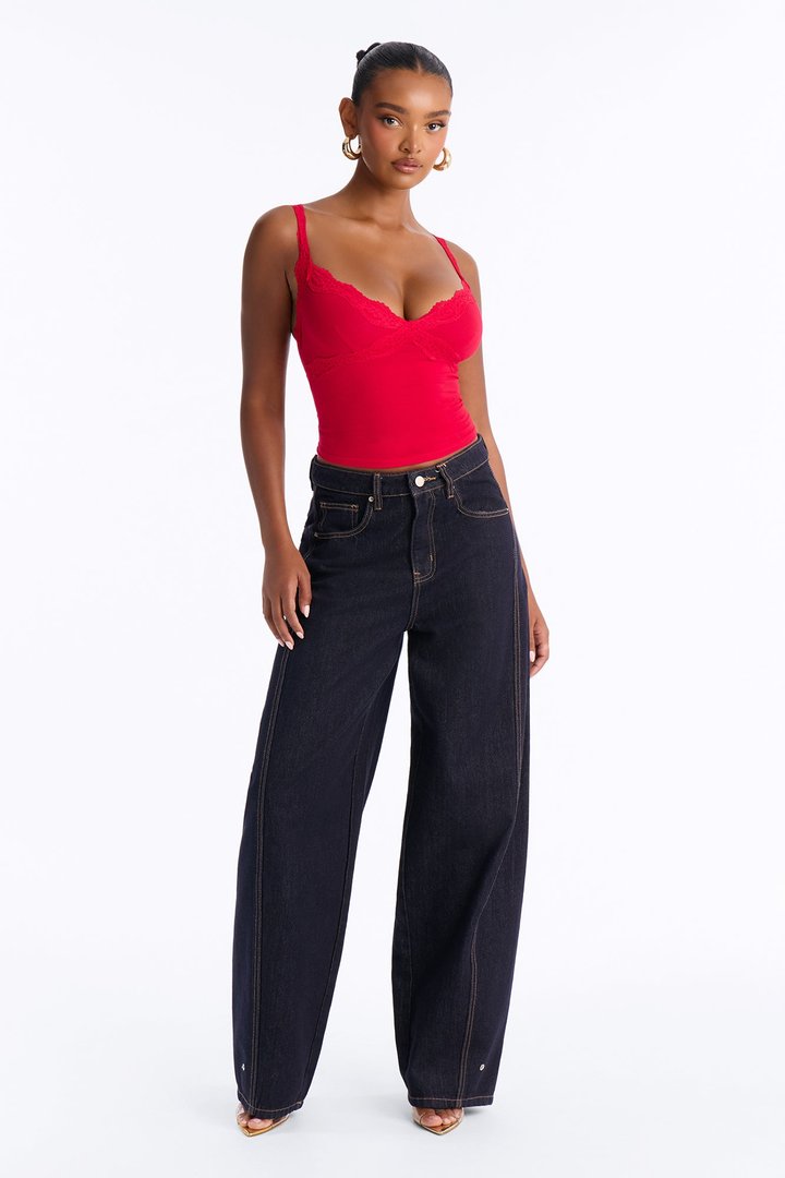 Lily Lace Trim V Neck Tank Top - Red