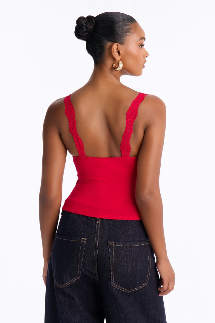 Lily Lace Trim V Neck Tank Top - Red