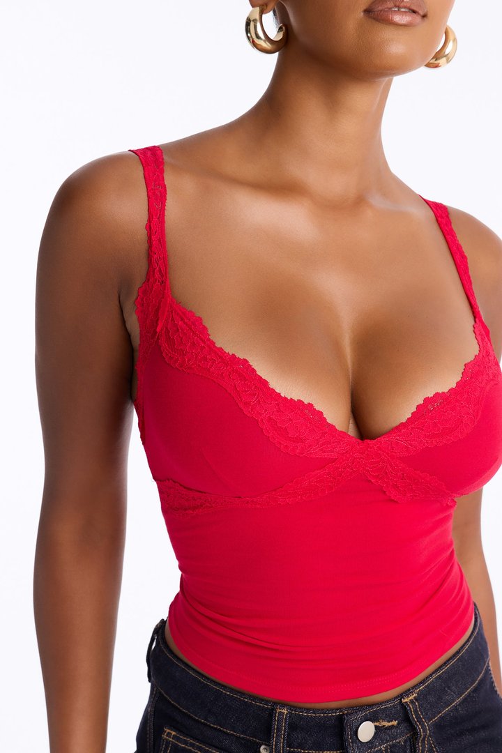 Lily Lace Trim V Neck Tank Top - Red