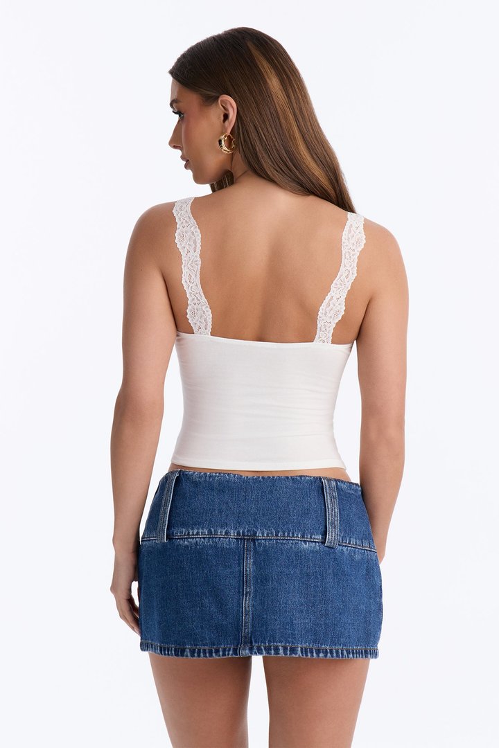 Lily Lace Trim V Neck Tank Top - White