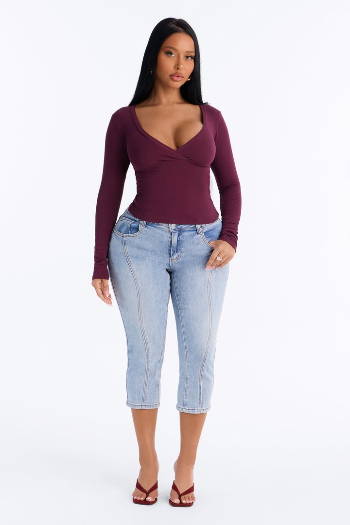 Mila Surplice Long Sleeve Top - Burgundy