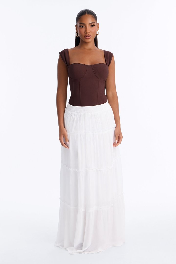 Holly Mid Rise Tiered Maxi Skirt - White