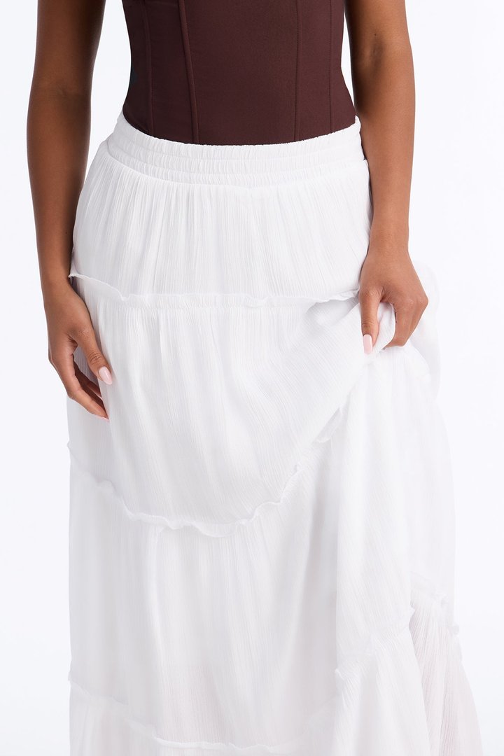 Holly Mid Rise Tiered Maxi Skirt - White