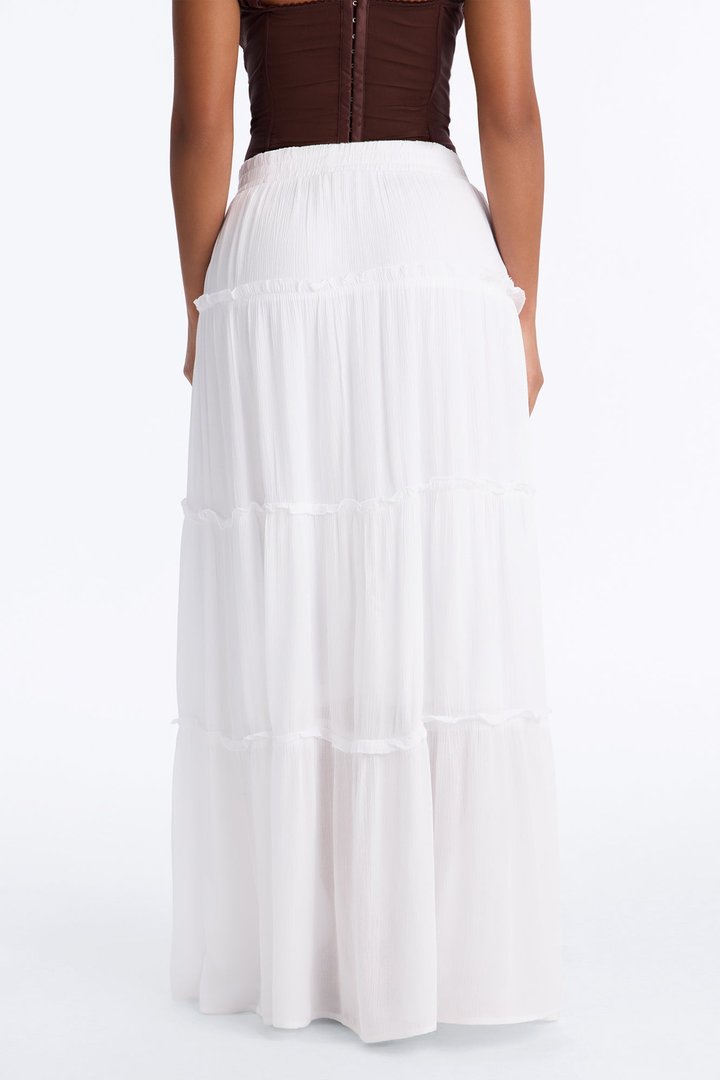 Holly Mid Rise Tiered Maxi Skirt - White