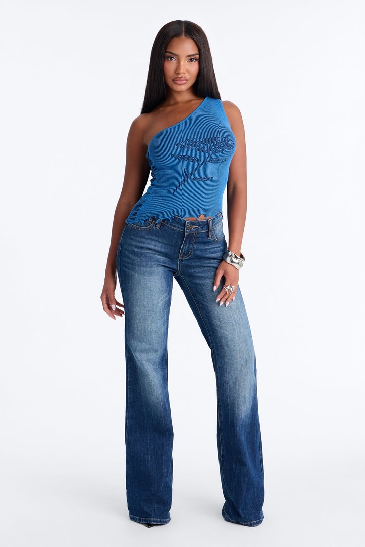 Rosie One Shoulder Sweater Top - Blue/combo