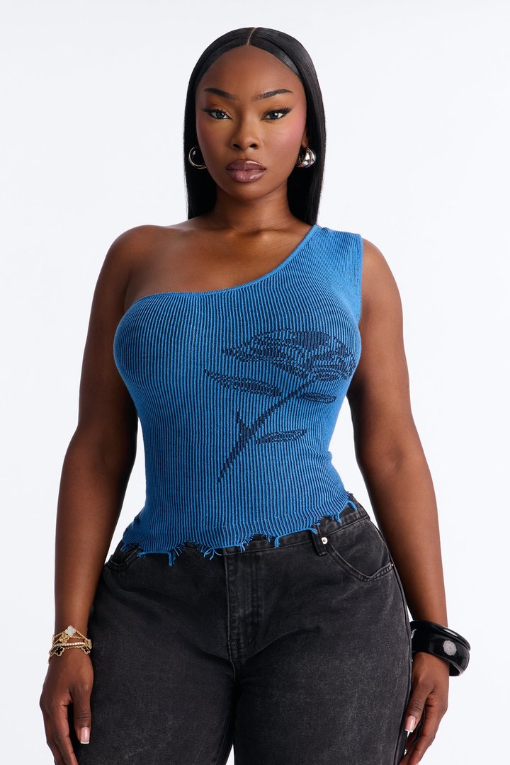 Rosie One Shoulder Sweater Top - Blue/combo