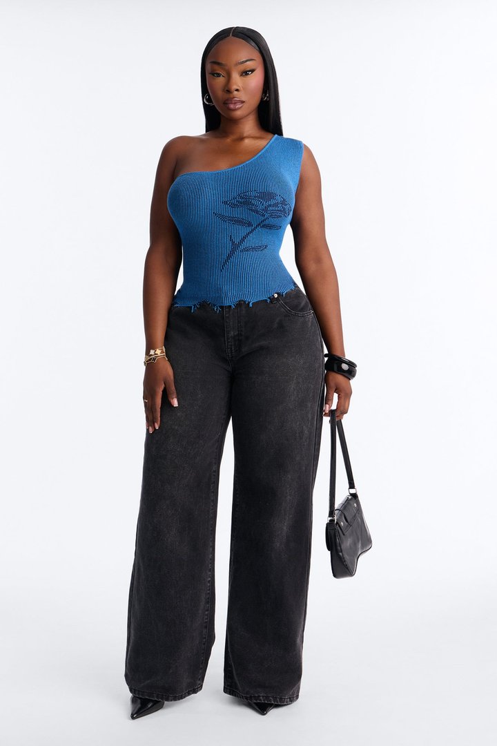 Rosie One Shoulder Sweater Top - Blue/combo