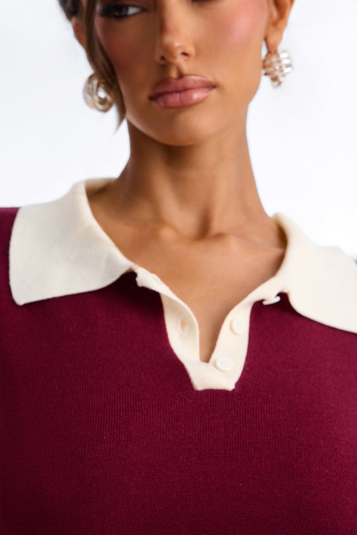 Emma Cinched Waist Polo Sweater - Burgundy