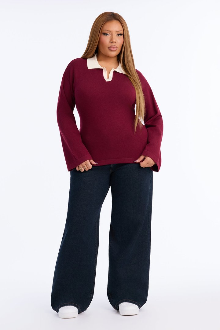 Emma Cinched Waist Polo Sweater - Burgundy