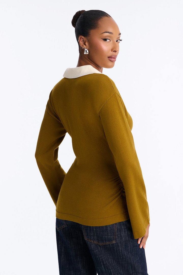 Emma Cinched Waist Polo Sweater - Olive