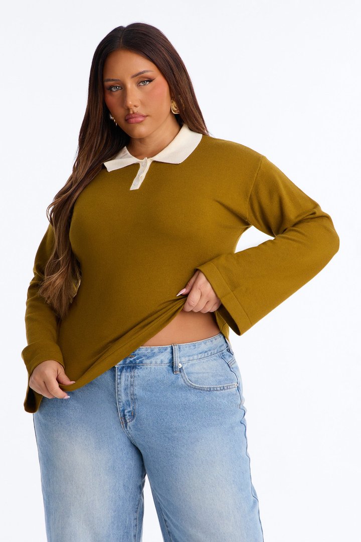 Emma Cinched Waist Polo Sweater - Olive