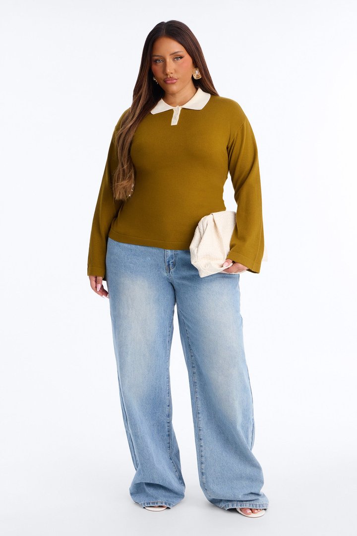 Emma Cinched Waist Polo Sweater - Olive