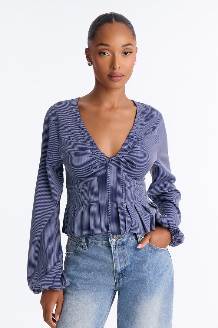 Arielle Tie Long Sleeve Top - Navy/combo