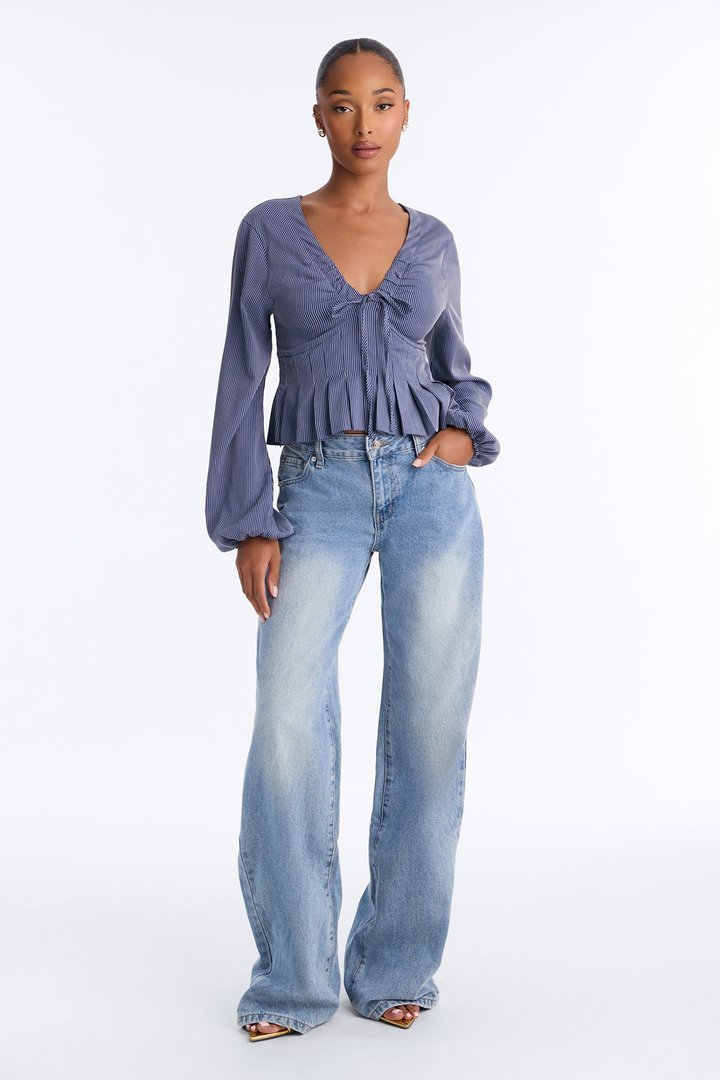 Arielle Tie Long Sleeve Top - Navy/combo