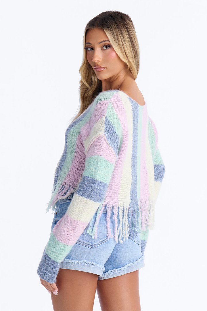 Hallie Off Shoulder Long Sleeve Fringe Sweater - MultiColor