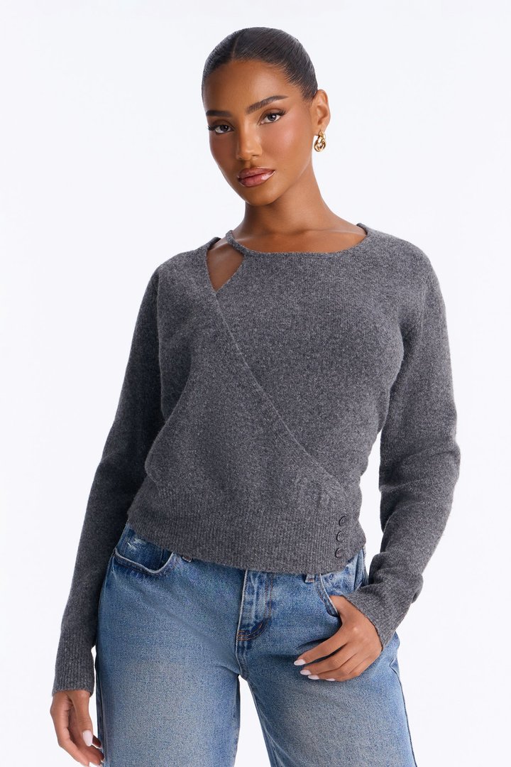 Naya Long Sleeve Button Sweater - Charcoal