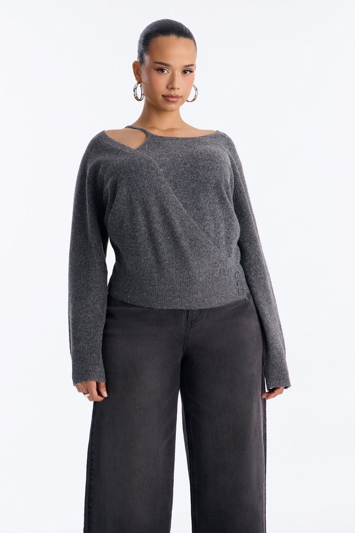 Naya Long Sleeve Button Sweater - Charcoal