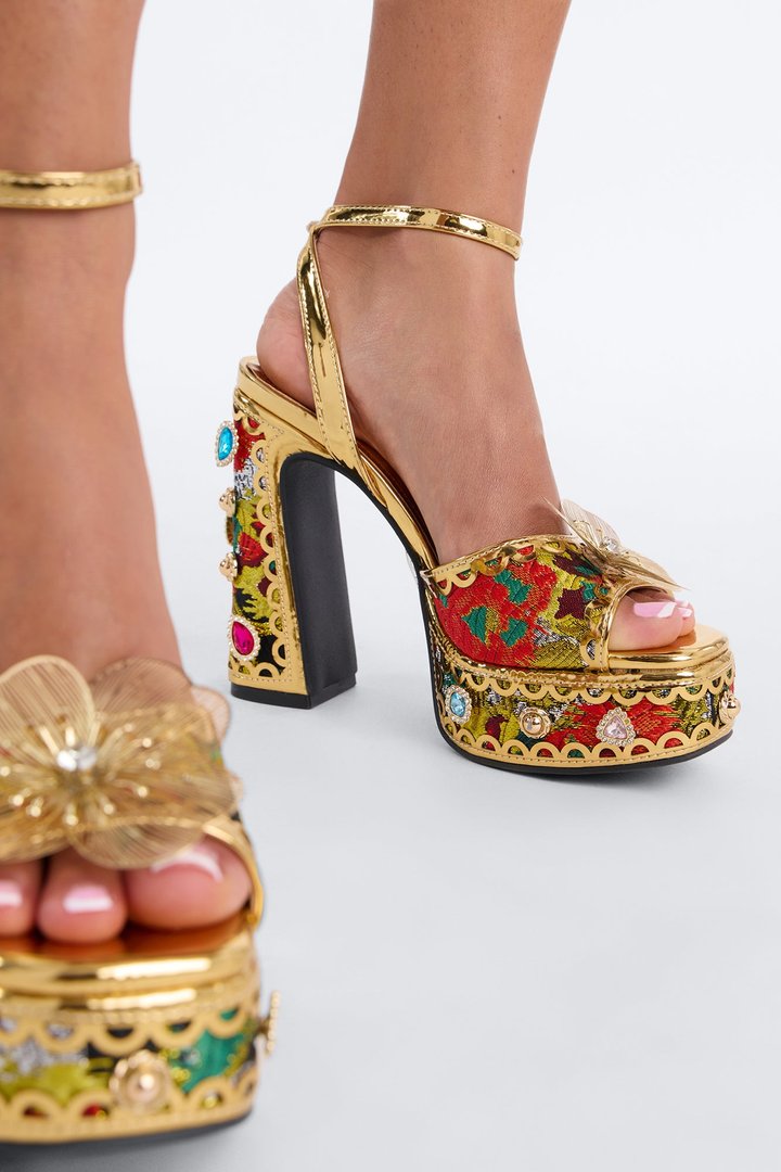 Impress Embellished Platform Heels - Gold/Red