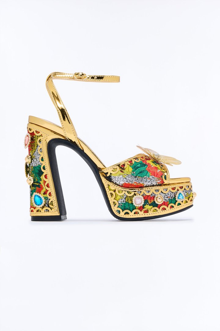 Impress Embellished Platform Heels - Gold/Red