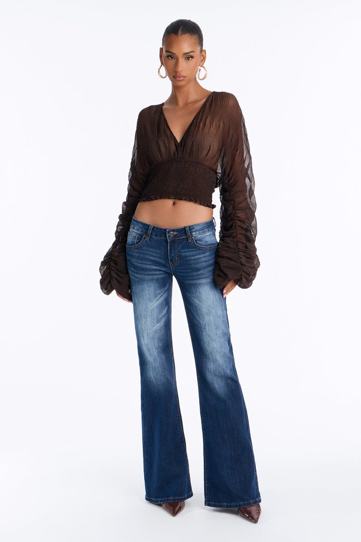 Keep Dreaming Surplice Gauze Long Sleeve Blouse - Chocolate