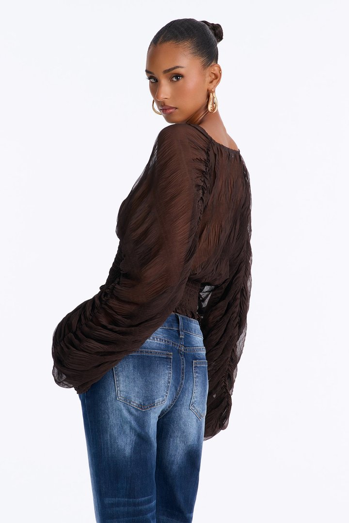 Keep Dreaming Surplice Gauze Long Sleeve Blouse - Chocolate