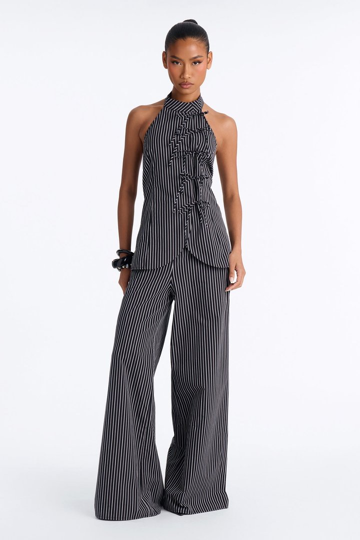 Mariyah Striped Tie Front Pant Set - Black/White