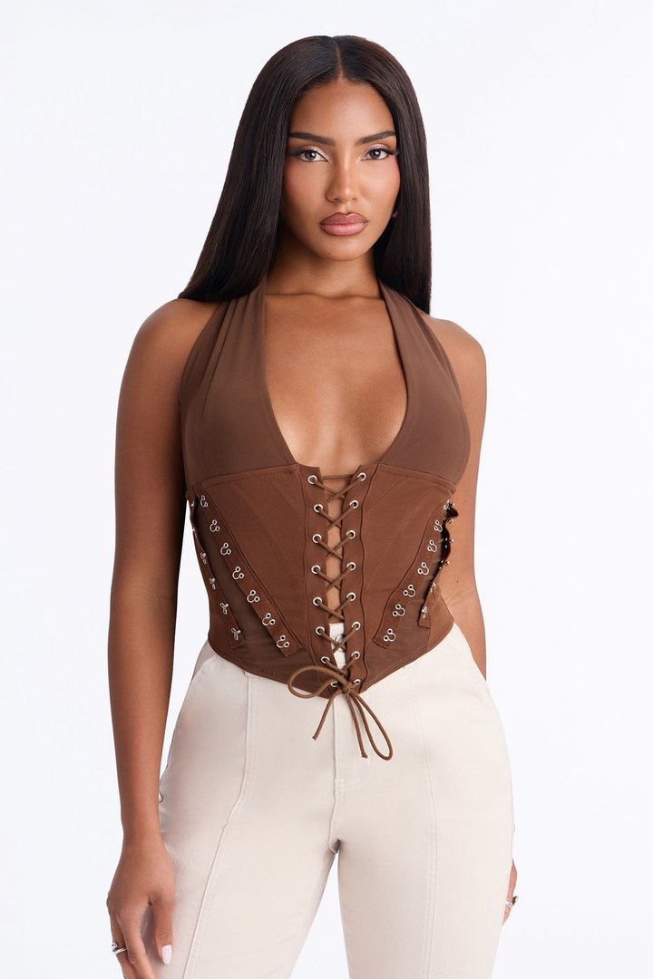 Alexis Lace Up Halter Top - Chocolate