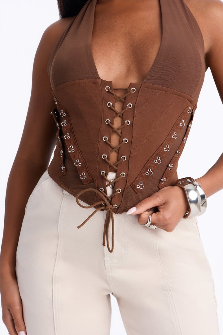 Alexis Lace Up Halter Top - Chocolate