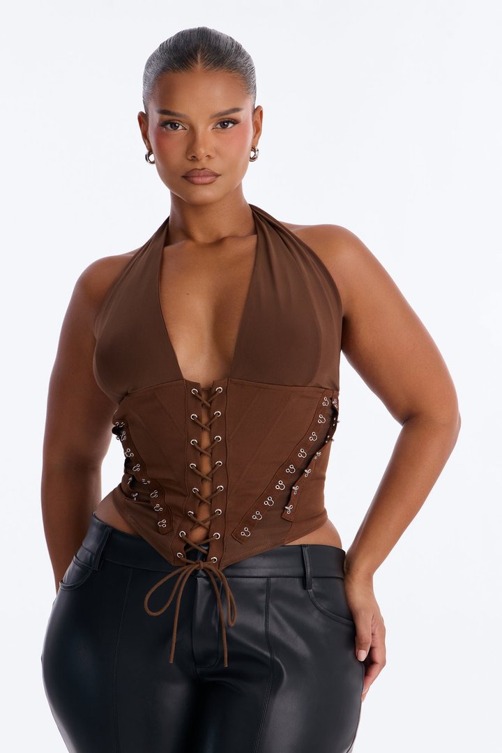 Alexis Lace Up Halter Top - Chocolate