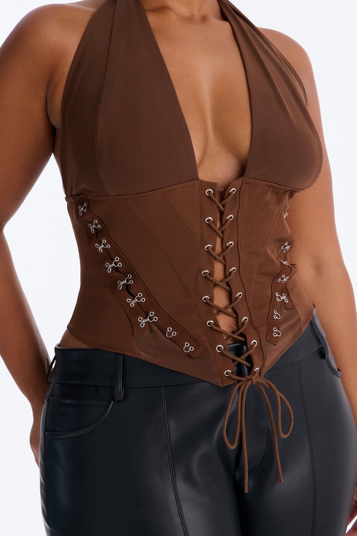 Alexis Lace Up Halter Top - Chocolate