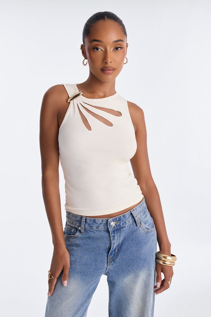 Amelia Mesh Cut Out Tank Top - Cream