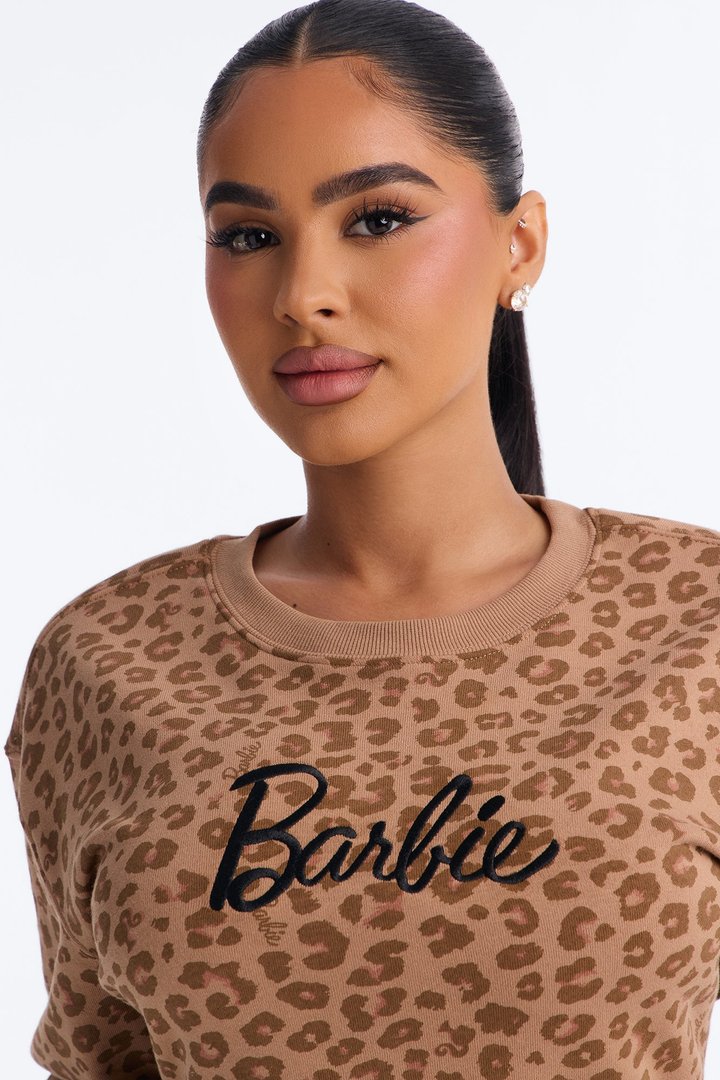 Barbie Leopard Print Crew Sweatshirt With Embroidery - LightBrown