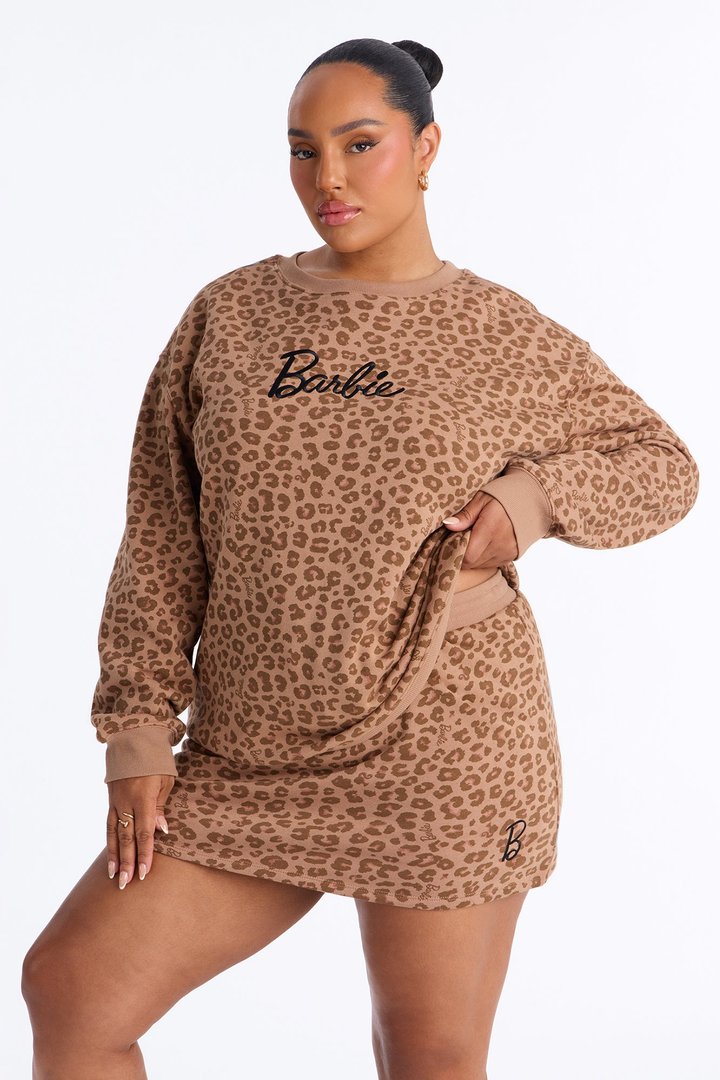 Barbie Leopard Print Crew Sweatshirt With Embroidery - LightBrown