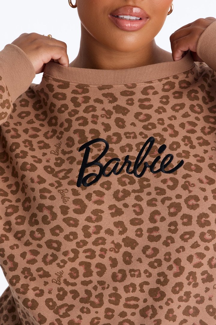 Barbie Leopard Print Crew Sweatshirt With Embroidery - LightBrown