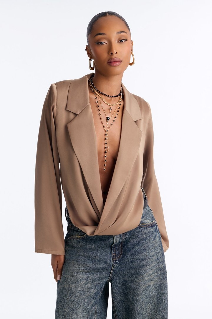 Close Proximity Low Cowl Blazer Top - Taupe
