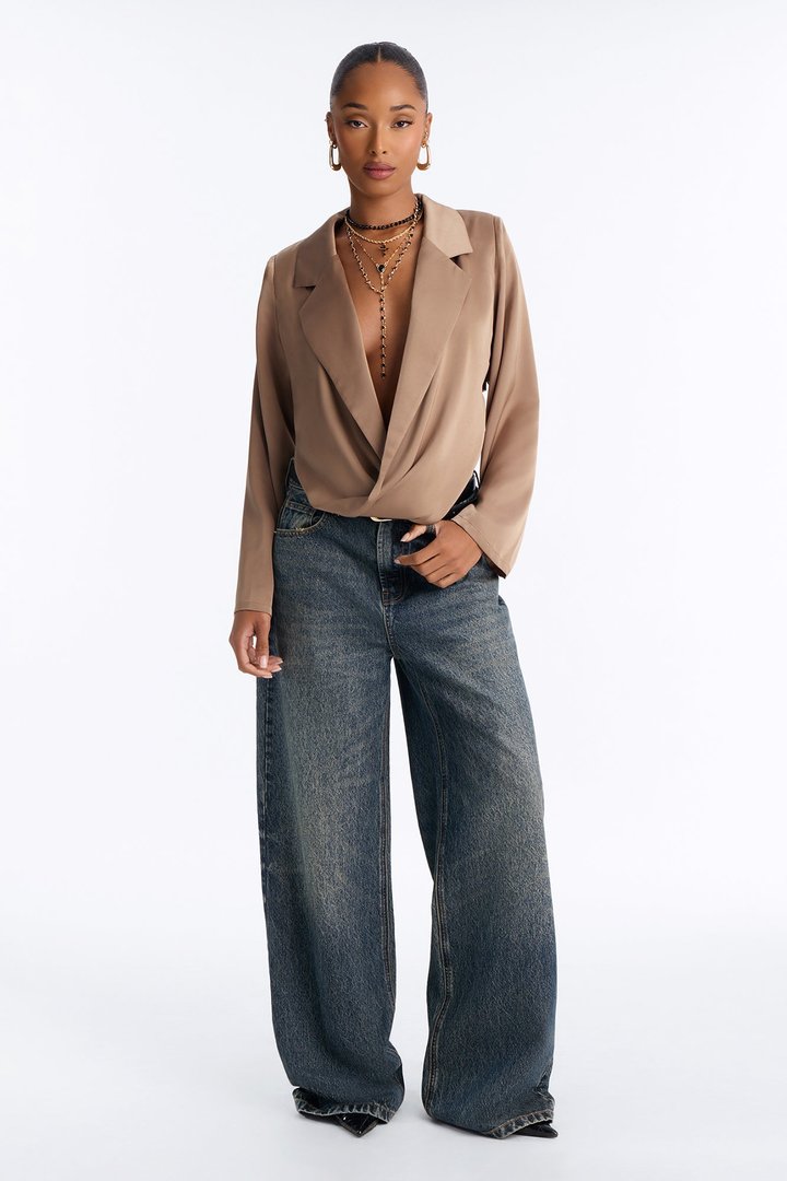 Close Proximity Low Cowl Blazer Top - Taupe