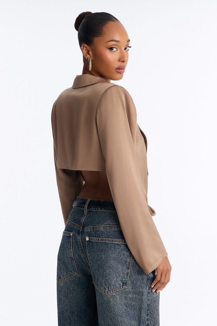 Close Proximity Low Cowl Blazer Top - Taupe