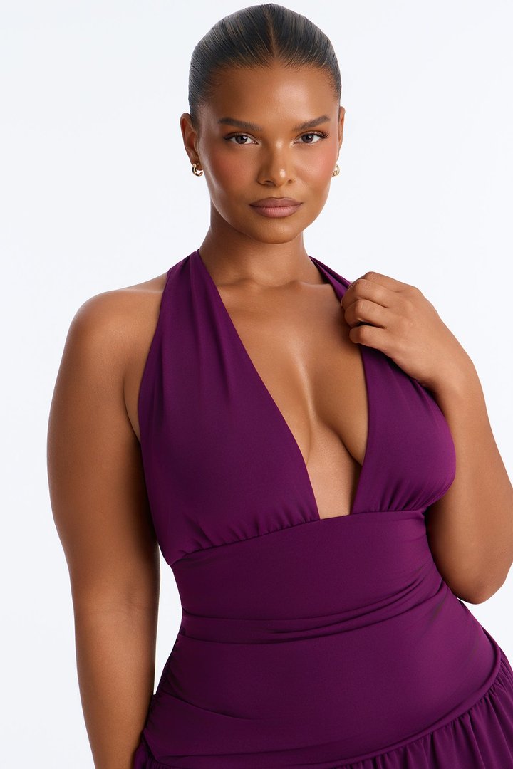 Elena Halter Ruched Mini Dress - Plum