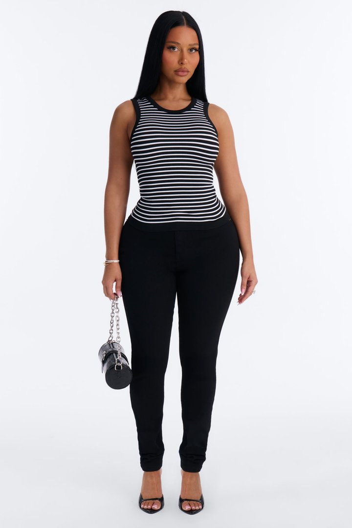 Rianna Ribbed Contrast Binding Stripped Crew Neck Tank Top - Black/White