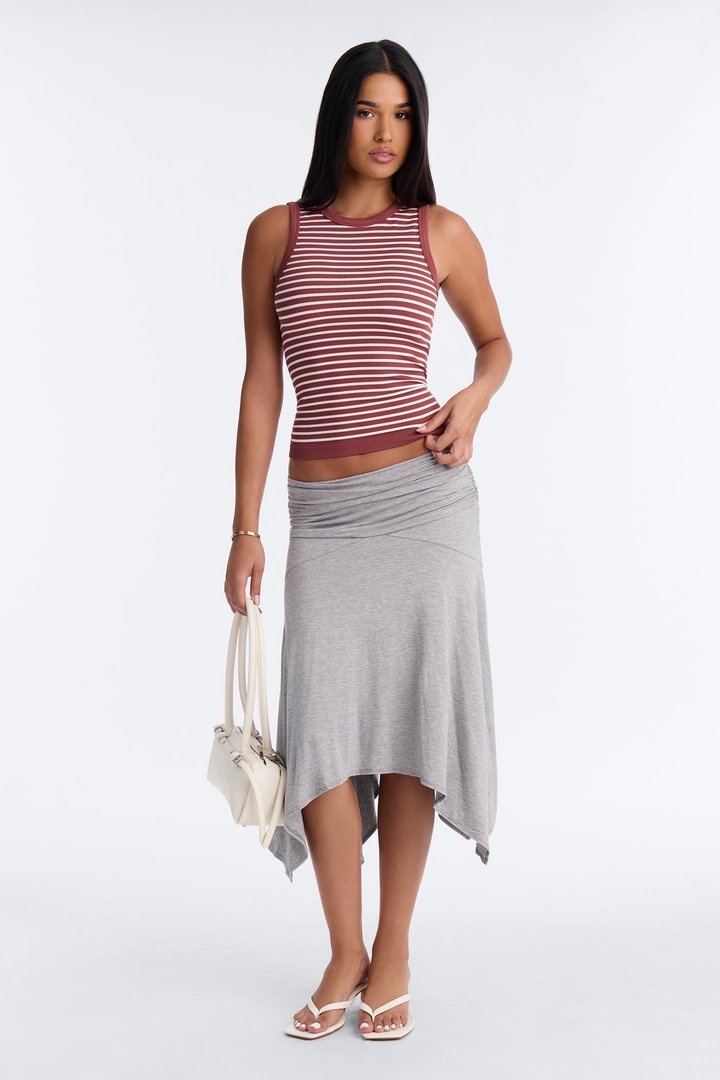 Rianna Ribbed Contrast Binding Stripped Crew Neck Tank Top - Burgundy/combo