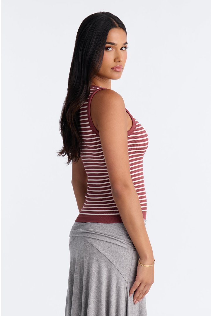 Rianna Ribbed Contrast Binding Stripped Crew Neck Tank Top - Burgundy/combo