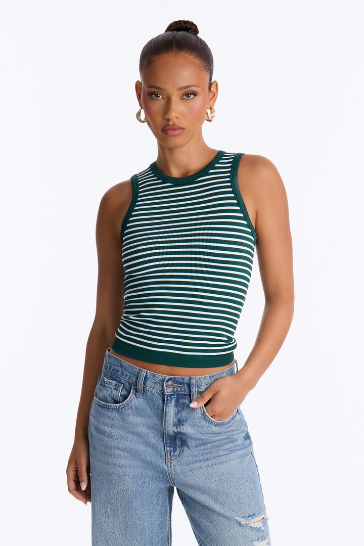 Rianna Ribbed Contrast Binding Stripped Crew Neck Tank Top - Green/combo
