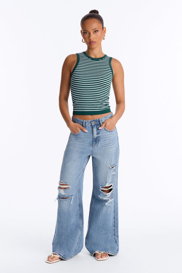 Rianna Ribbed Contrast Binding Stripped Crew Neck Tank Top - Green/combo