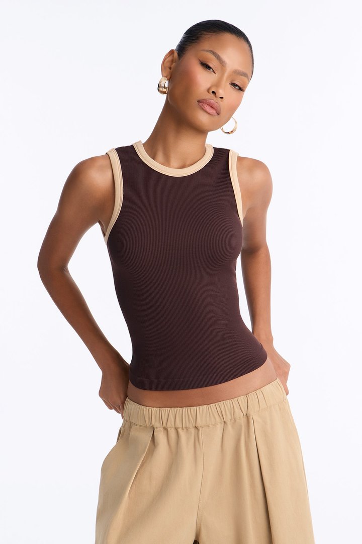 Rachel Ribbed Contrast Binding Crew Neck Tank Top - Brown/combo