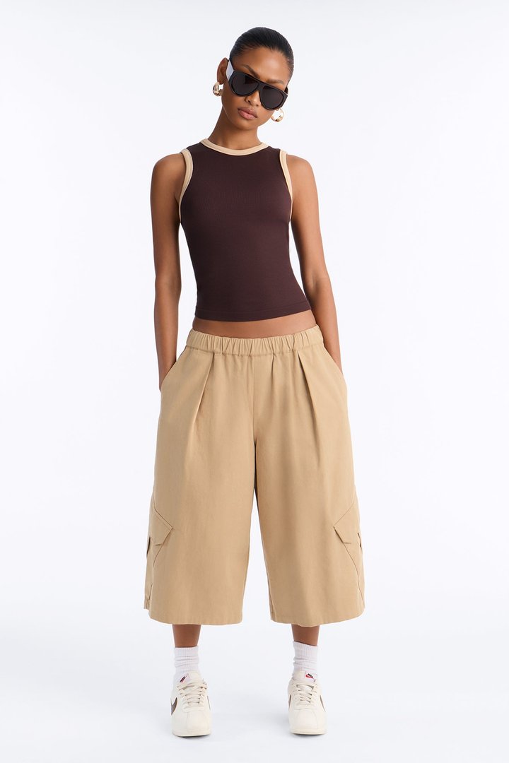 Rachel Ribbed Contrast Binding Crew Neck Tank Top - Brown/combo