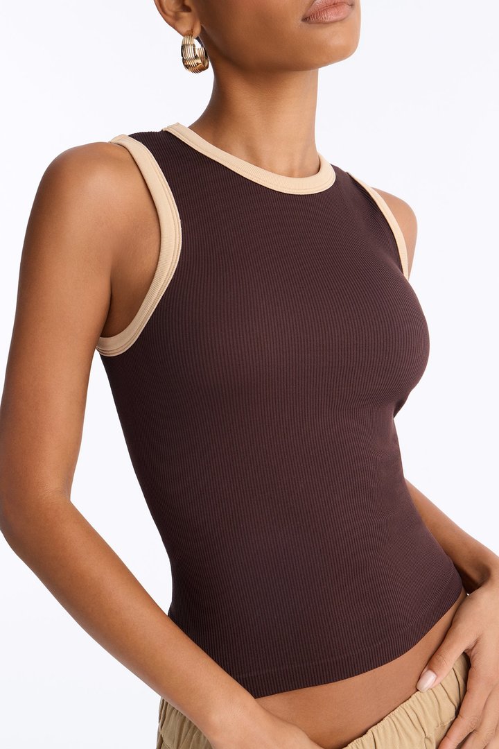 Rachel Ribbed Contrast Binding Crew Neck Tank Top - Brown/combo