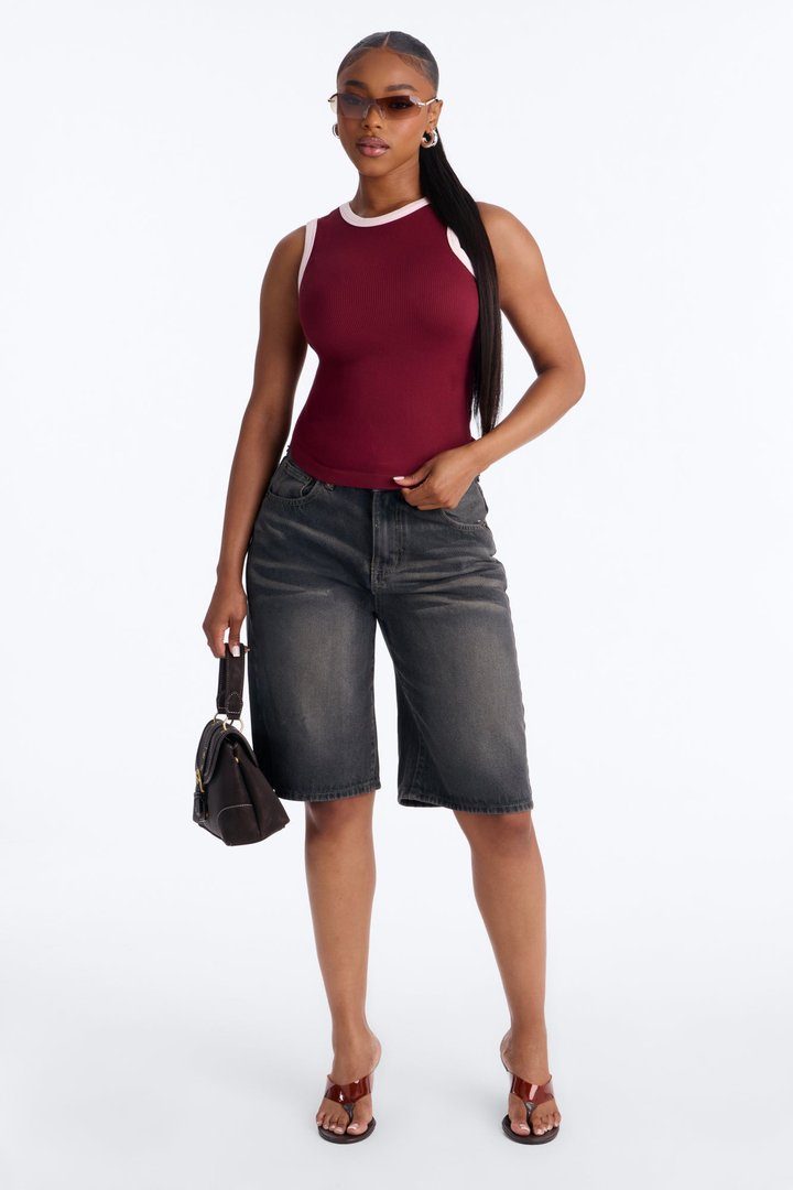 Rachel Ribbed Contrast Binding Crew Neck Tank Top - Burgundy/combo